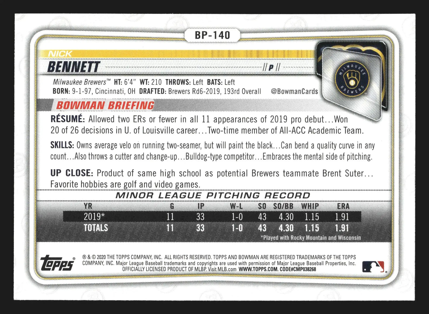 2020 Bowman #BP-140 Nick Bennett 1st Bowman Milwaukee Brewers Prospect - Baseball Card Single