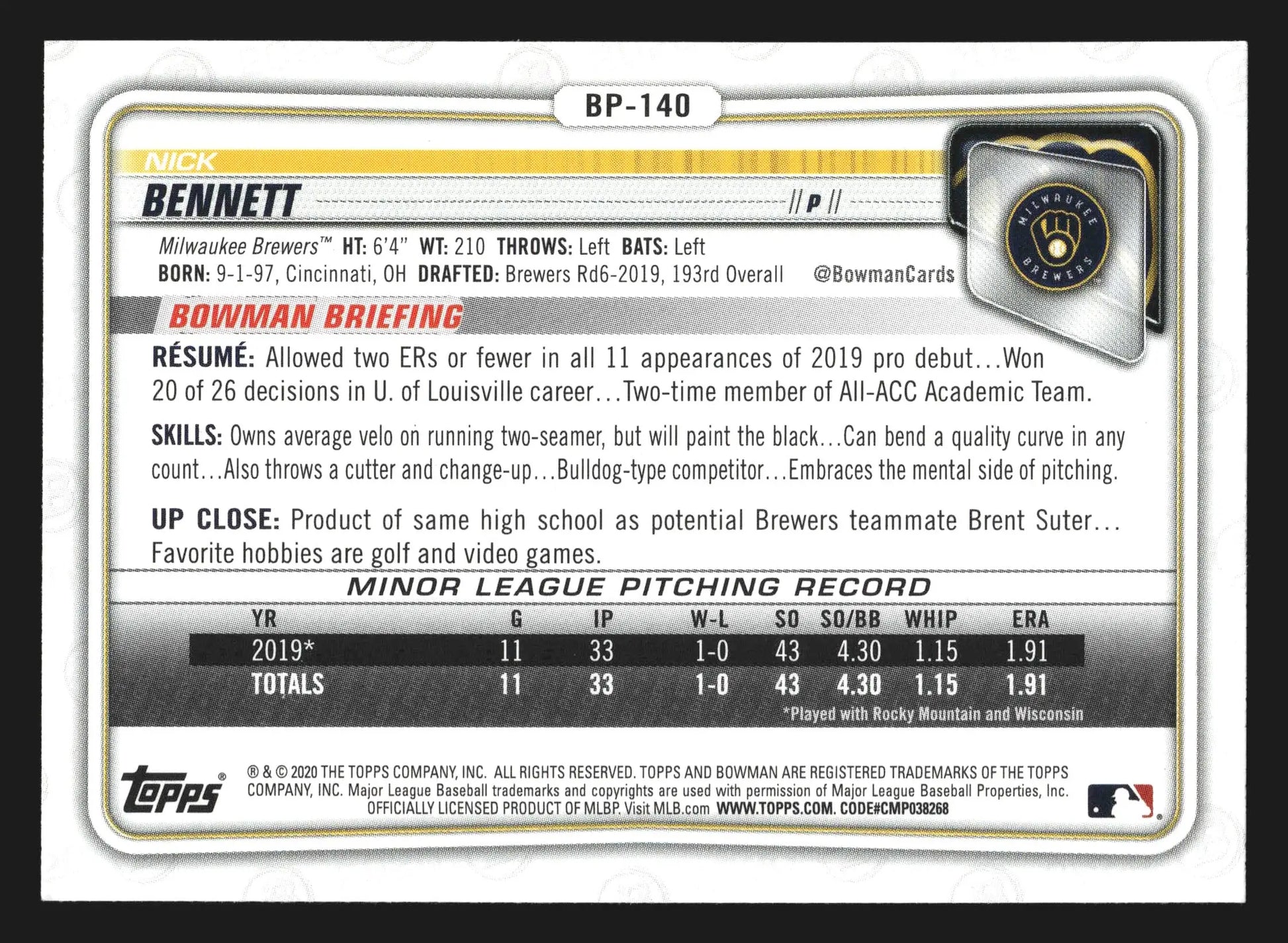 2020 Bowman #BP-140 Nick Bennett 1st Bowman Milwaukee Brewers Prospect - Baseball Card Single