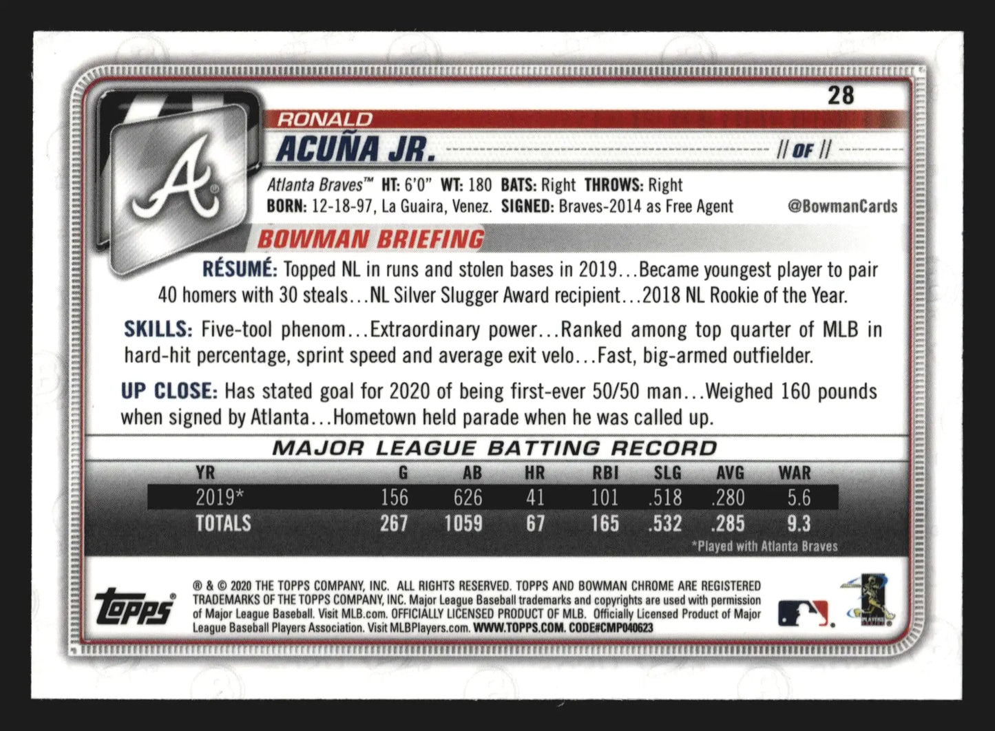 2020 Bowman Chrome #28 Ronald Acuna Jr. Atlanta Braves