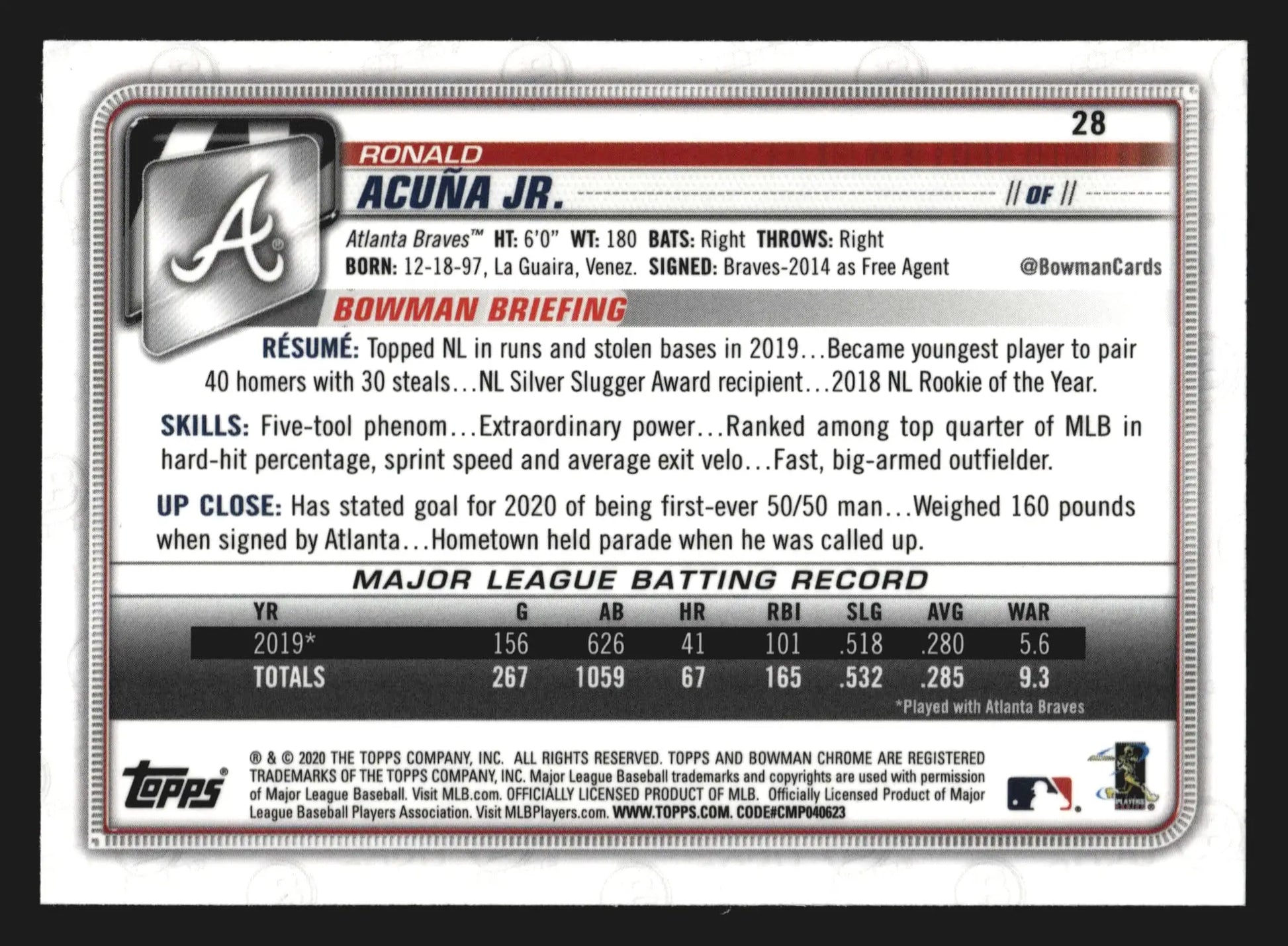 2020 Bowman Chrome #28 Ronald Acuna Jr. Atlanta Braves