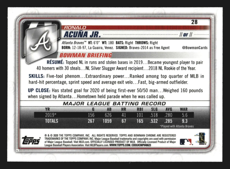 2020 Bowman Chrome #28 Ronald Acuna Jr. Atlanta Braves