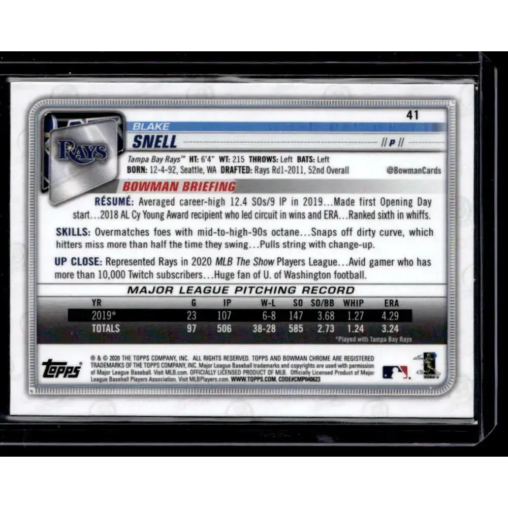 2020 Bowman Chrome #41 Blake Snell NM-MT - Baseball Card Single