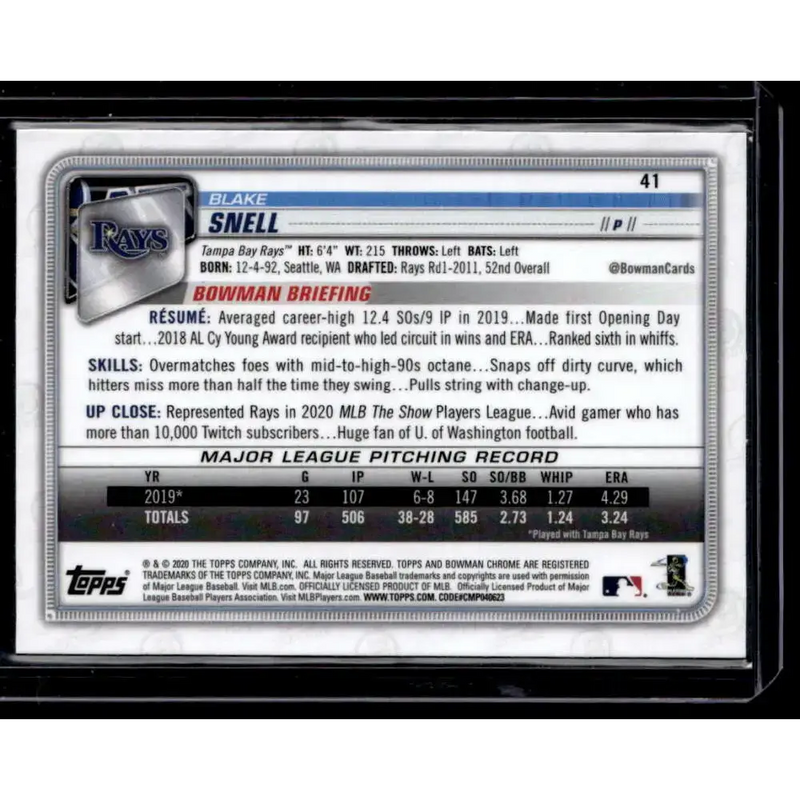 2020 Bowman Chrome #41 Blake Snell NM-MT - Baseball Card Single