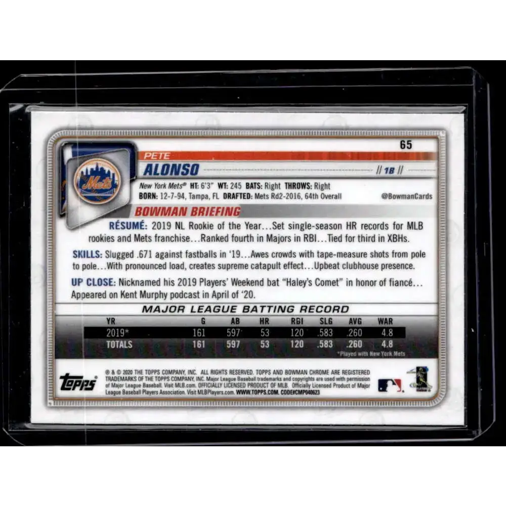 2020 Bowman Chrome #65 Pete Alonso NM-MT - Baseball Card Single