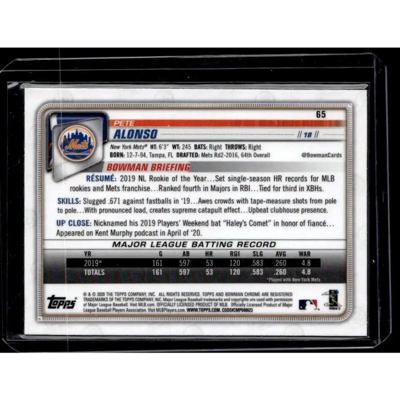 2020 Bowman Chrome #65 Pete Alonso NM-MT - Baseball Card Single