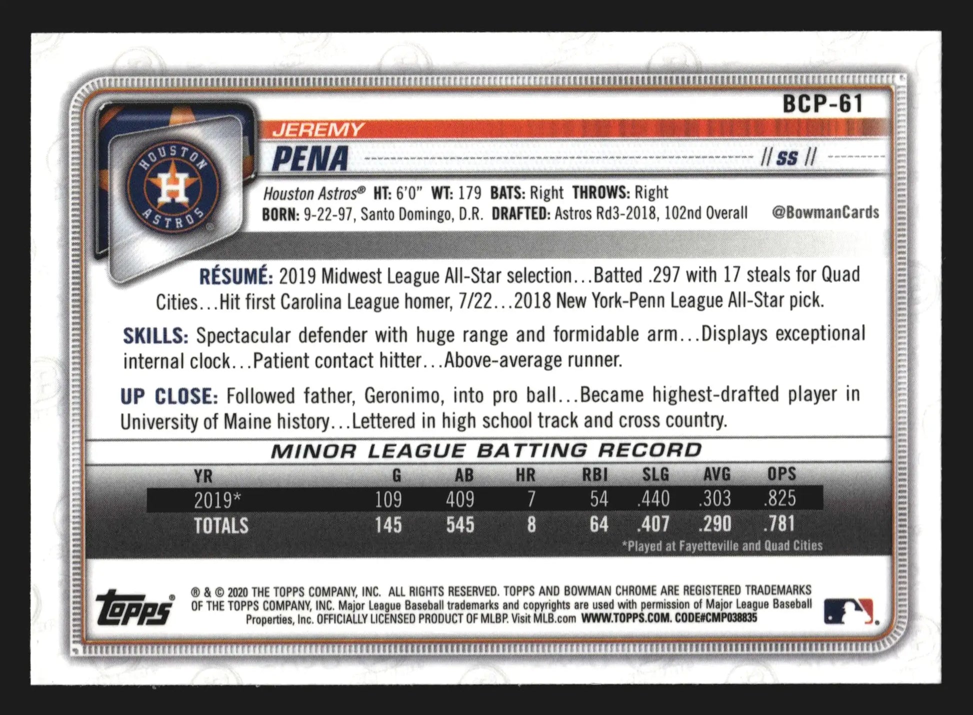 2020 Bowman Chrome #BCP-61 Jeremy Pena Mojo Refractor 1st Bowman - Baseball Card Single