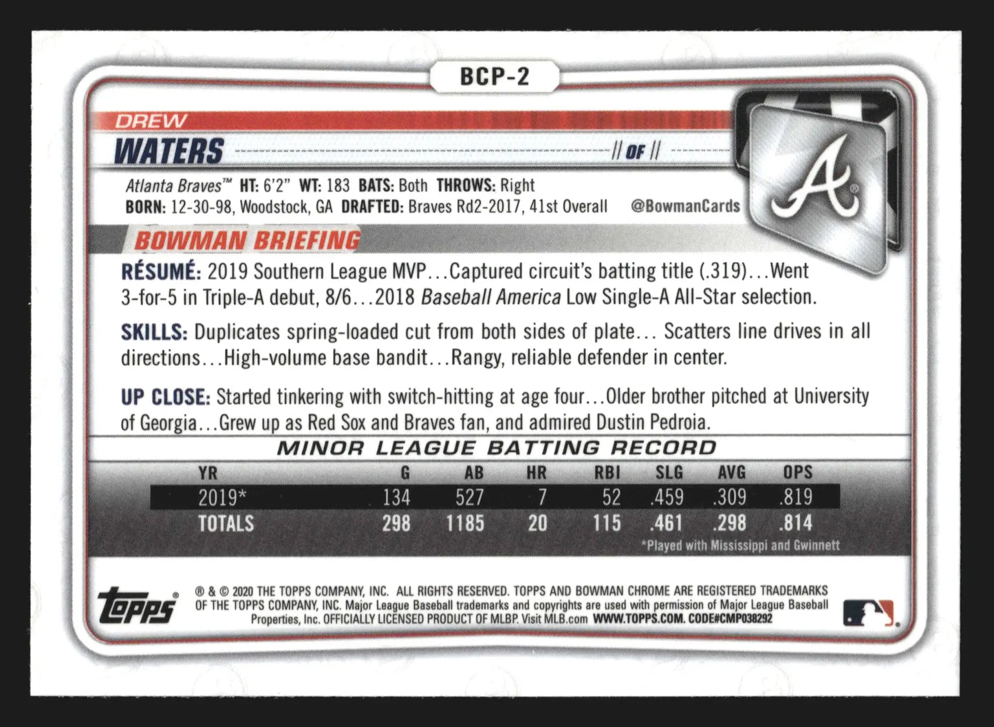 2020 Bowman Chrome Prospects #BCP-2 Drew Waters Braves - Baseball Card Single