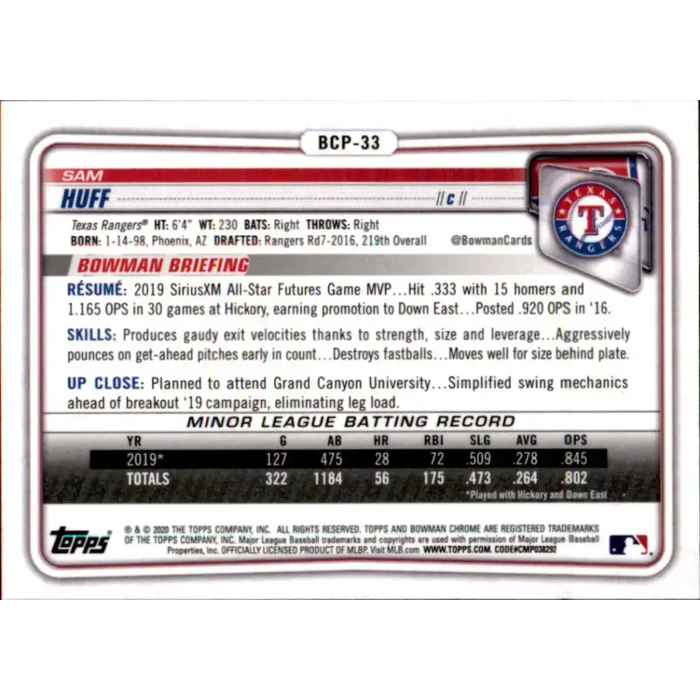 2020 Bowman Chrome Prospects #BCP-33 Sam Huff NM-MT Texas Rangers Baseball Card - Baseball Card Single