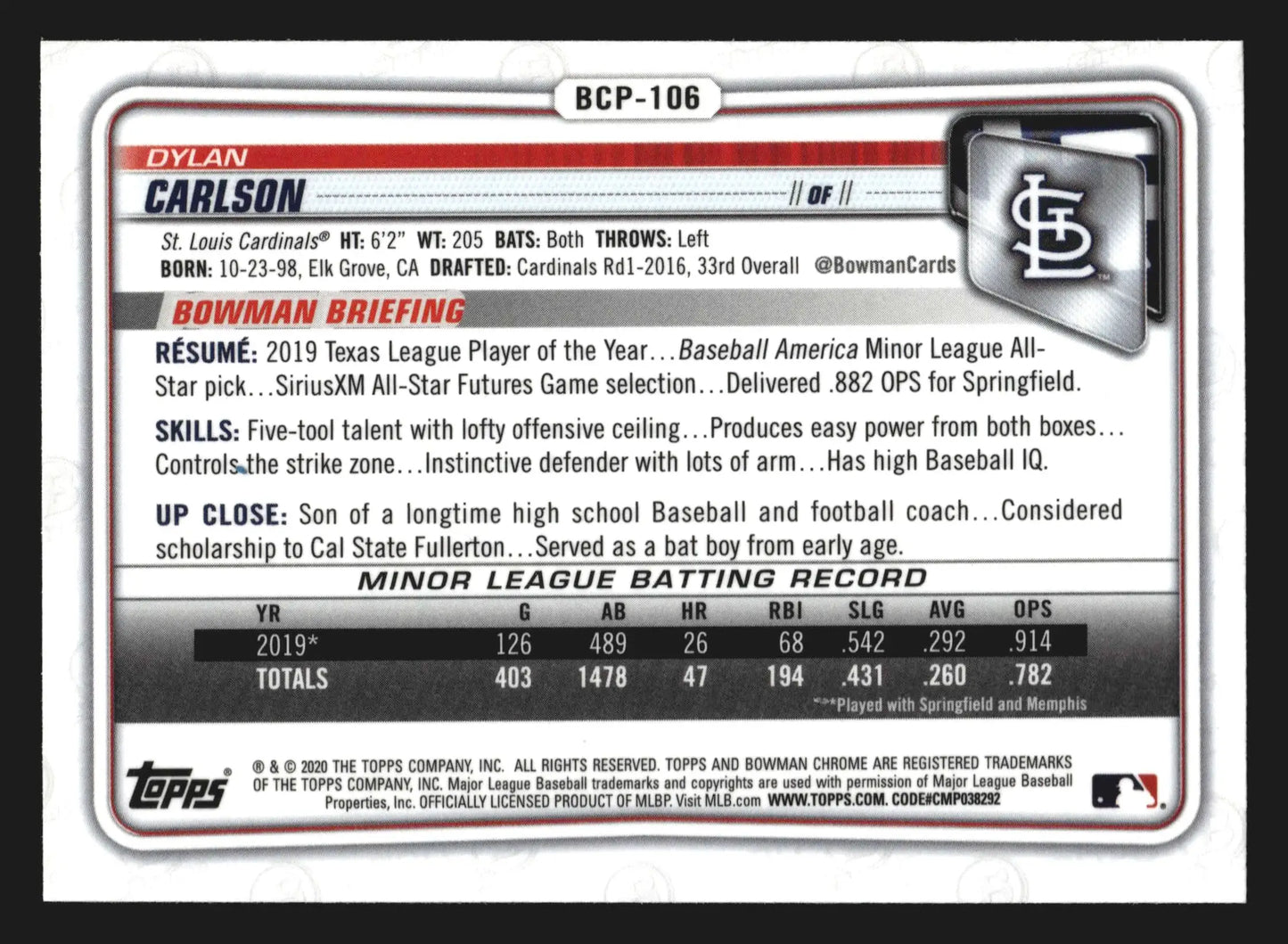 2020 Bowman Chrome Prospects Dylan Carlson #BCP-106 Cardinals - Baseball Card Single