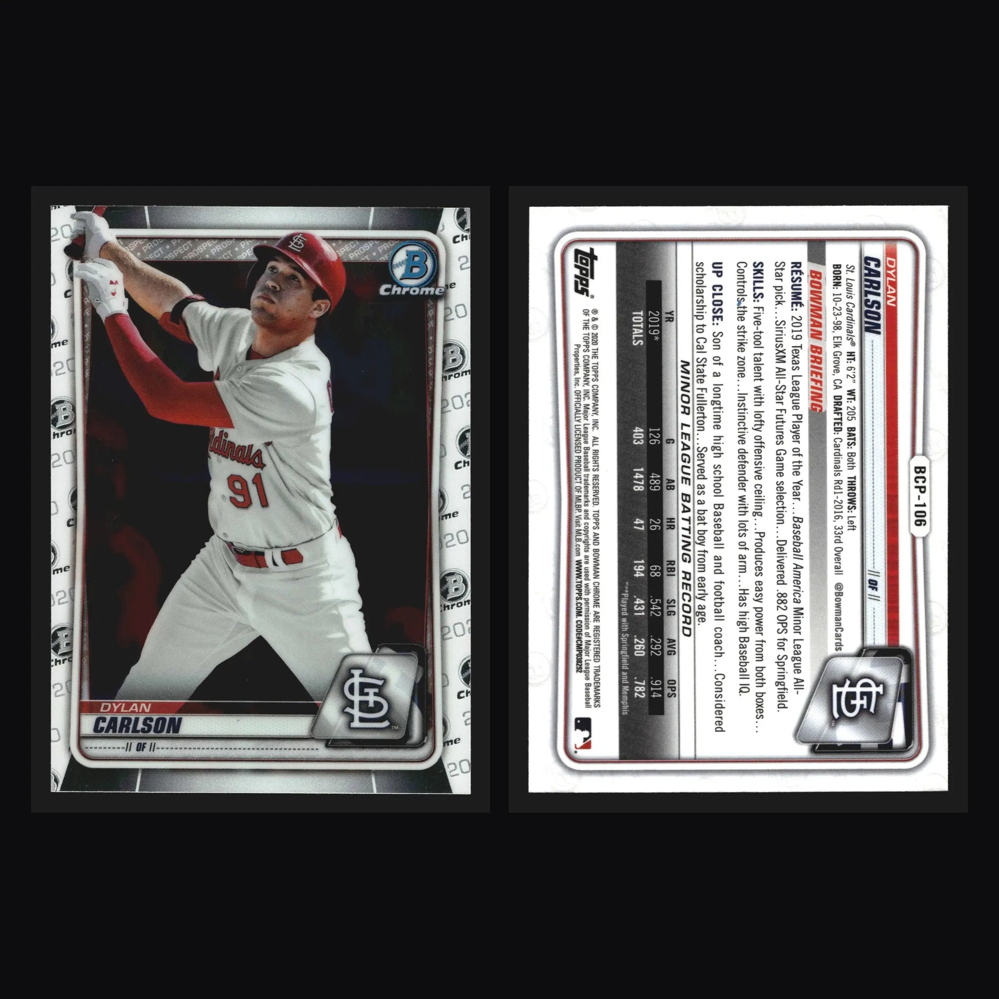 2020 Bowman Chrome Prospects Dylan Carlson #BCP-106 Cardinals - Baseball Card Single
