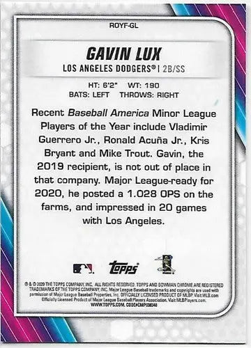 2020 Bowman Chrome Rookie of the Year Favorites Refractors #ROYF-GL Gavin Lux NM - Baseball Card Single