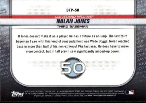 Baseball card back with original gloss from Bowman Chrome Scouts Nolan Jones Indians