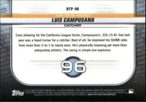 Baseball card back from 2020 Bowman Chrome Scouts Top 100 Refractors Luis Campusano