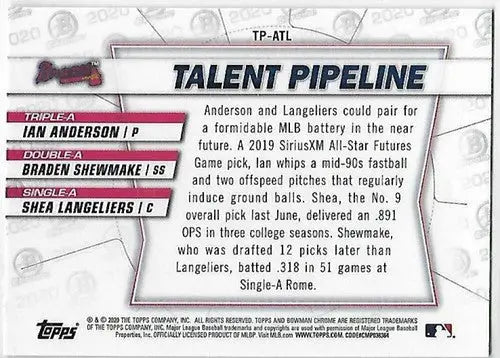 Baseball card back featuring original gloss from 2020 Bowman Chrome Talent Pipeline Trios Refractors including Simply Sandoval and Ian Anderson