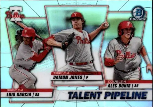 Baseball card featuring three Philadelphia Phillies players from 2020 Bowman Chrome Talent Pipeline Trios Refractors