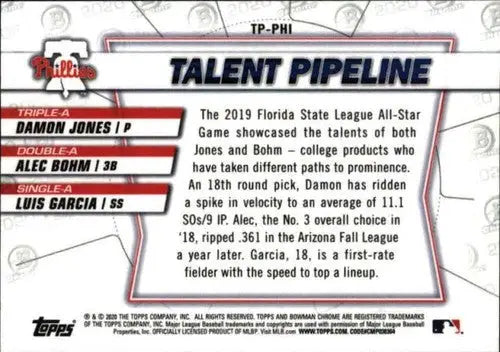 2020 Bowman Chrome Talent Pipeline Trios back view featuring Damon Jones and Alec Boh