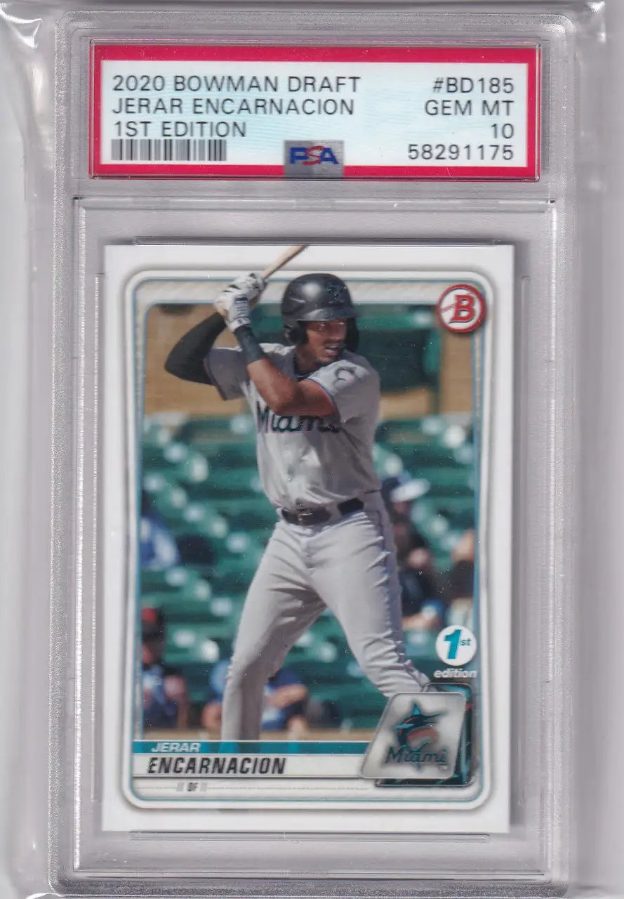 Graded baseball card of Jerar Encarnacion in a protective case for trading cards