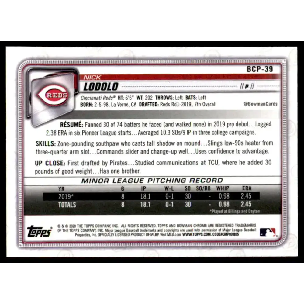 2020 Bowman Mega Box Chrome Prospect Mojo Refractors #BCP-39 Nick Lodolo NM-MT Cincinnati Reds Baseball Card