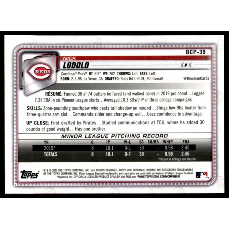 2020 Bowman Mega Box Chrome Prospect Mojo Refractors #BCP-39 Nick Lodolo NM-MT Cincinnati Reds Baseball Card - Baseball