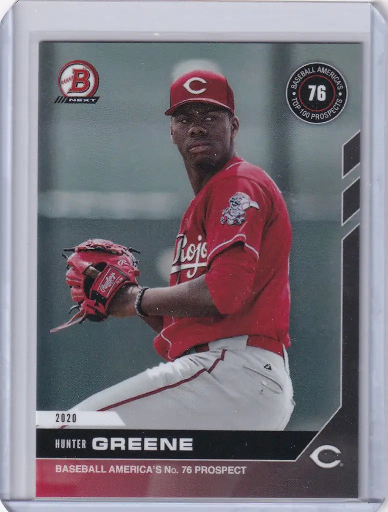 Baseball card of T25 Hunter Greene in red uniform for Cincinnati Reds merchandise