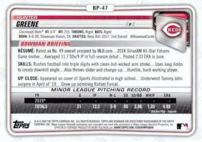 Original gloss Baseball trading card for Hunter Greene from 2020 Bowman Prospects Reds