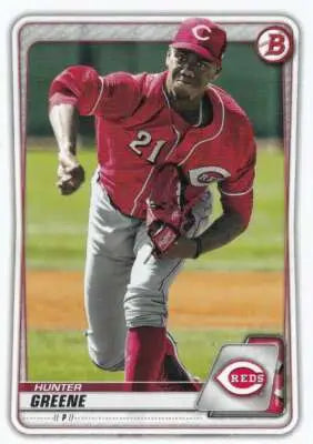 Baseball trading card featuring Hunter Greene in a red uniform from 2020 Bowman Prospects