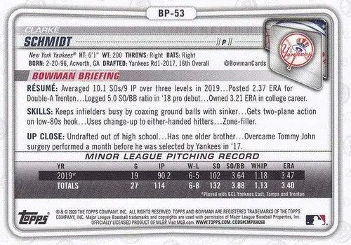 Baseball card back featuring original gloss of Clarke Schmidt from 2020 Bowman Prospects