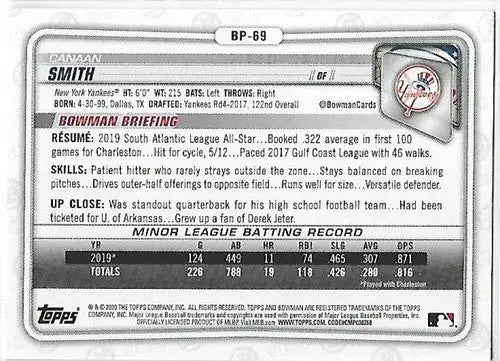 2020 Bowman Prospects #BP-69 Canaan Smith NM-MT Yankees ID:27519 - Baseball Card Single