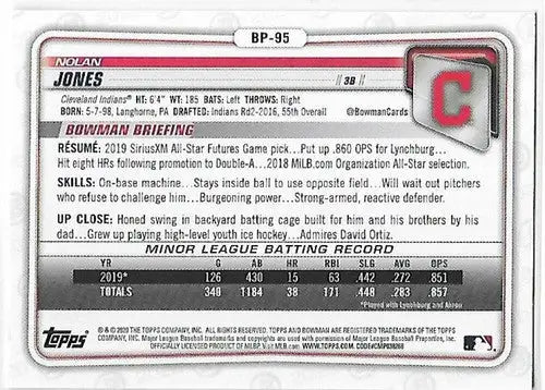 2020 Bowman Prospects Nolan Jones baseball card with original gloss and NM-MT condition