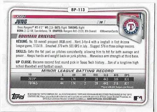 Original gloss Bowman Prospects Camo Josh Jung baseball card from 2020 Bowman Prospects lineup
