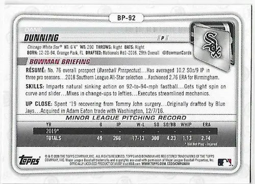 Original gloss Bowman prospects camo baseball card of Dane Dunning from 2020 Bowman Prospects