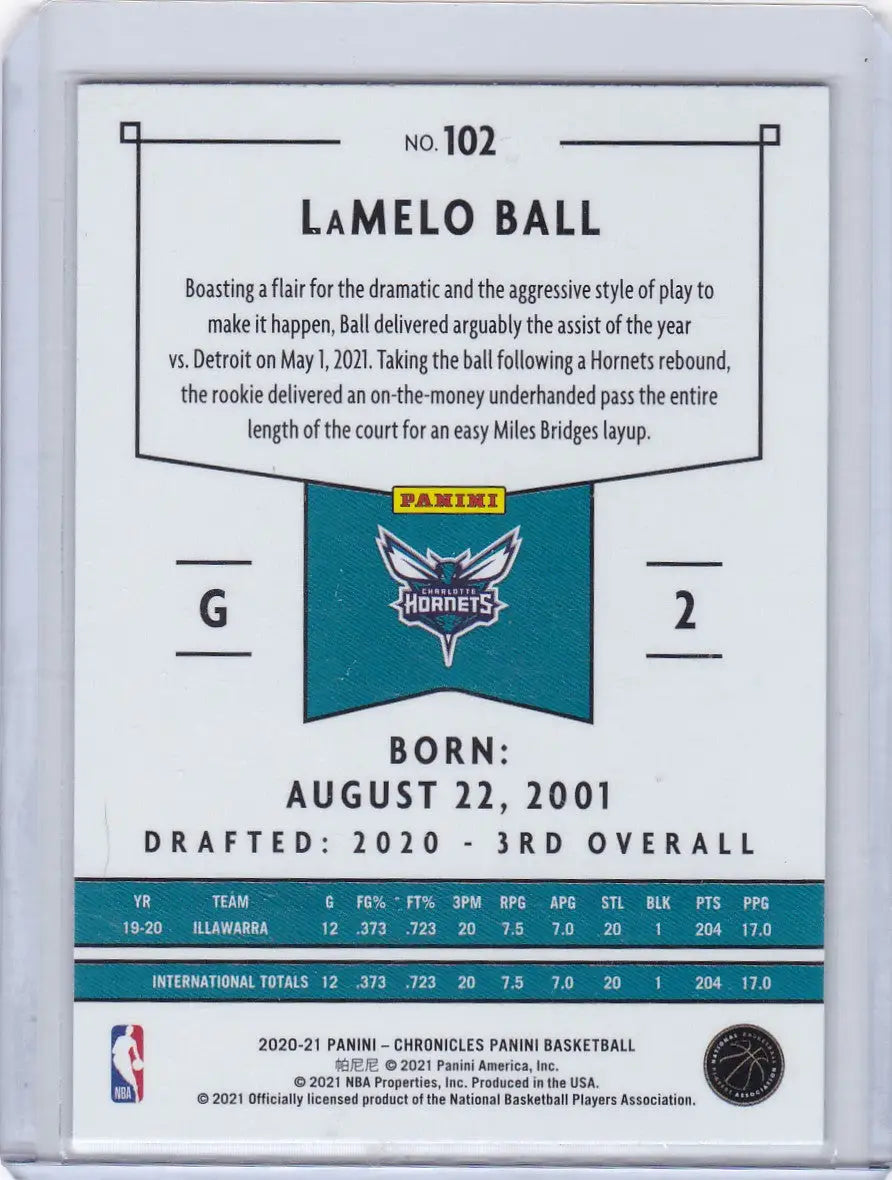 2020 CHRONICALS #102 LAMELO BALL- CHARLOTTE HORNETS - Basketball Card Single