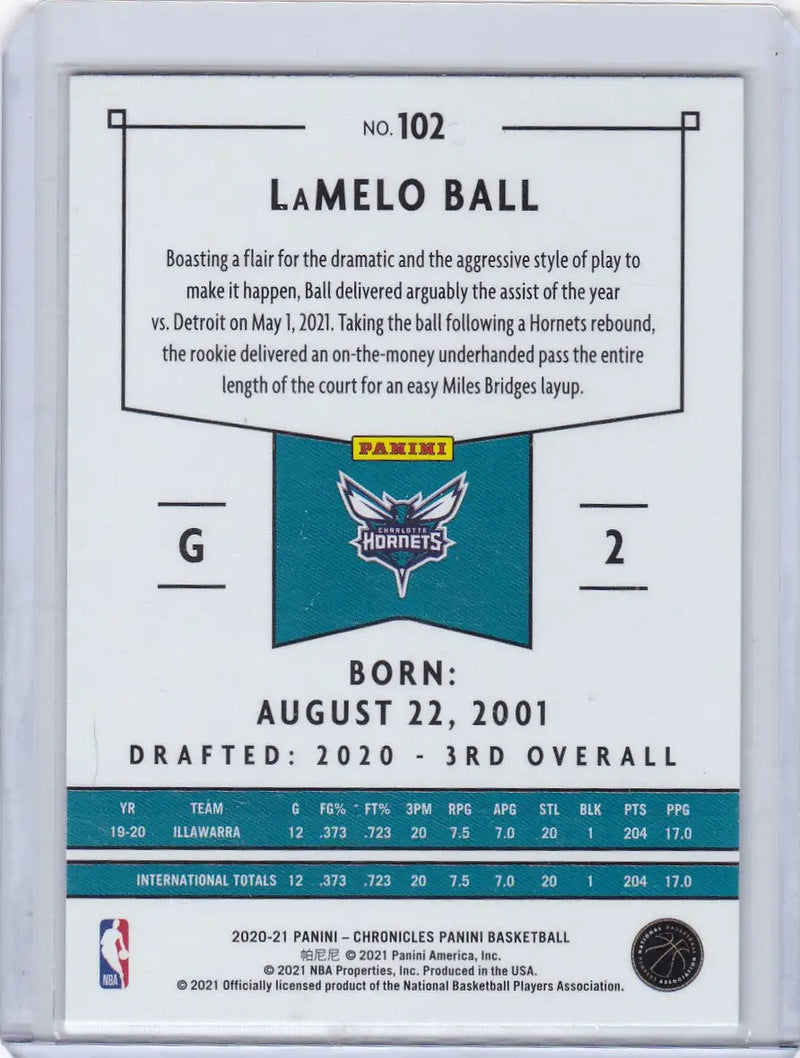 2020 CHRONICALS #102 LAMELO BALL- CHARLOTTE HORNETS - Basketball Card Single