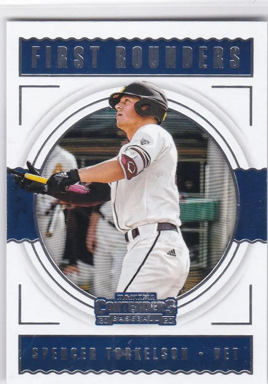 Baseball trading card featuring Spencer Torkelson, Rounders Detroit Tigers, swinging bat