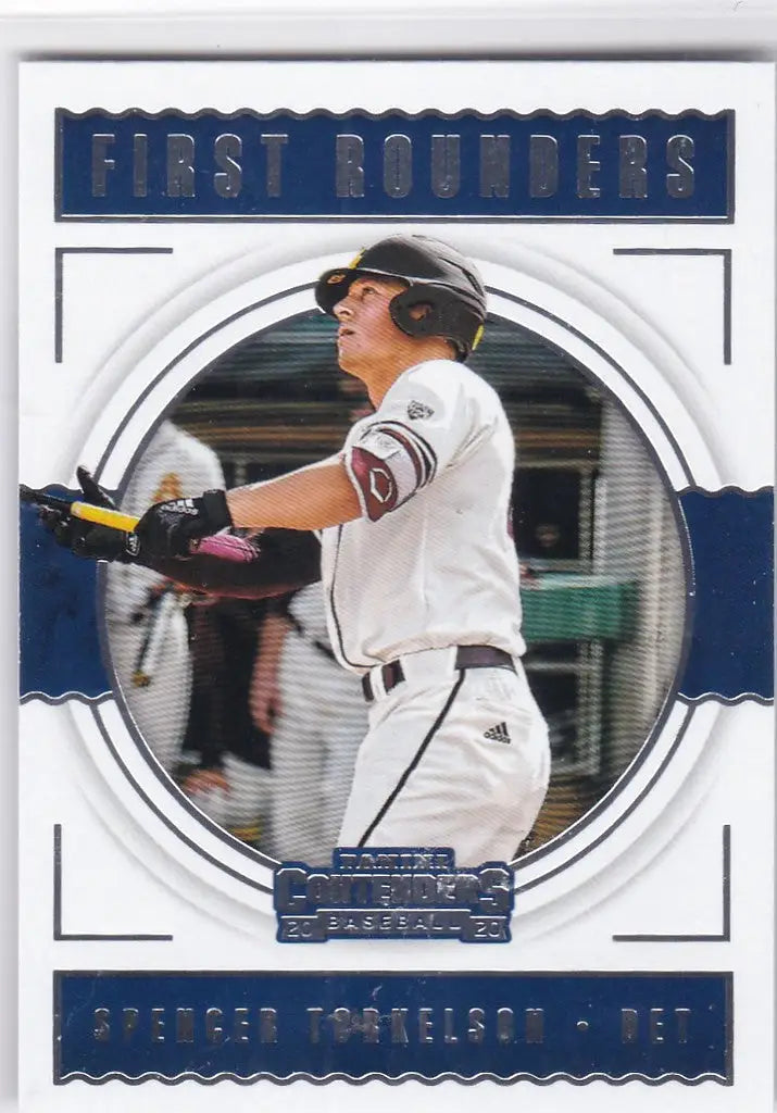 Baseball trading card featuring Spencer Torkelson, Rounders Detroit Tigers, swinging bat