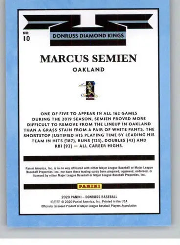 Marcus Semien baseball card with original gloss from 2020 Donruss NM-MT Athletics