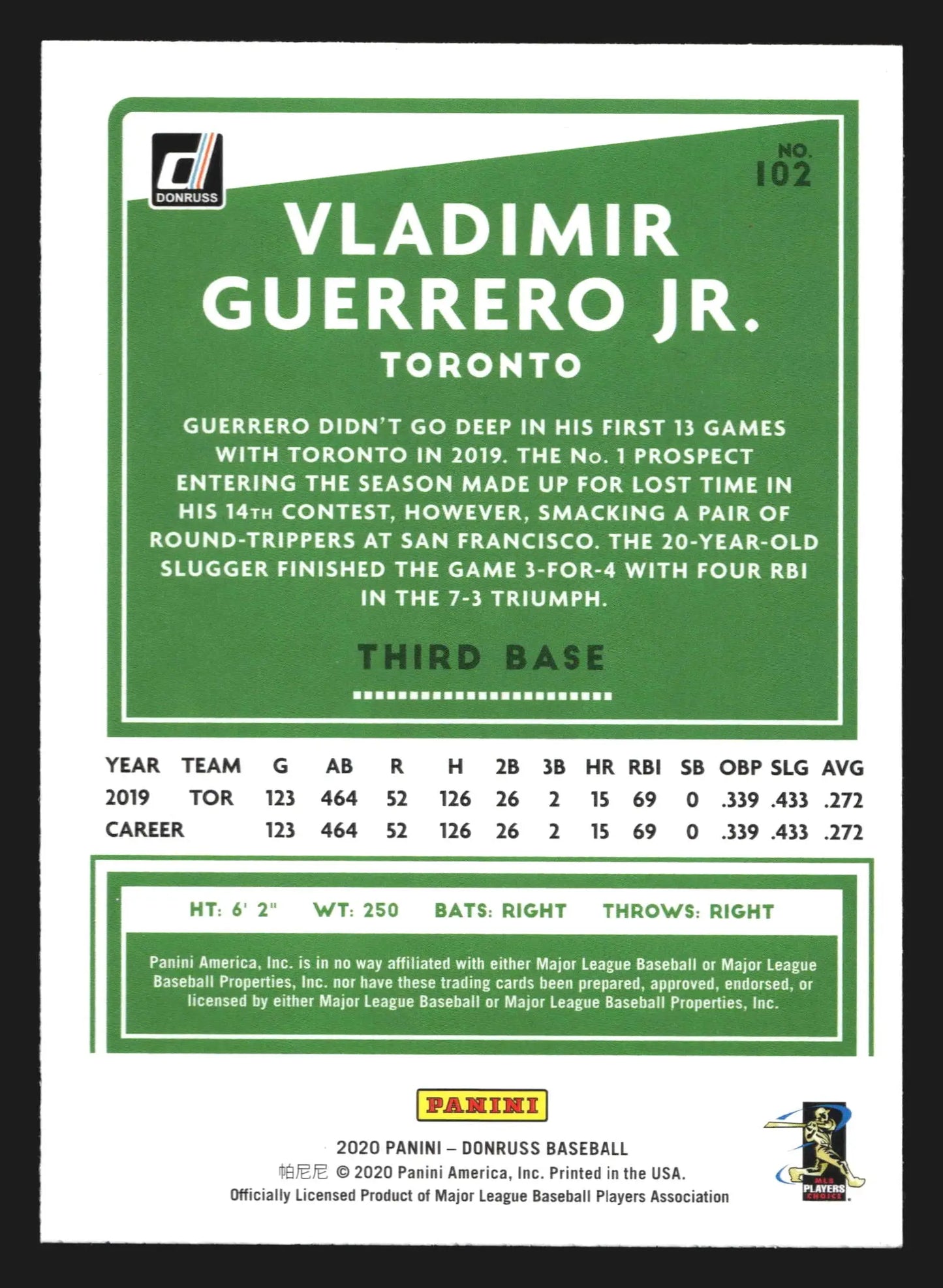 2020 Donruss #102 Vladimir Guerrero Jr Toronto Blue Jays - Baseball Card Single