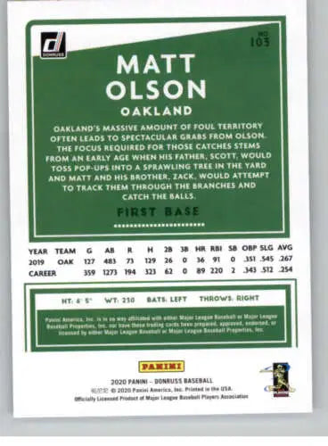 Matt Olson baseball card 2020 Donruss #103 original gloss NM-MT Athletics