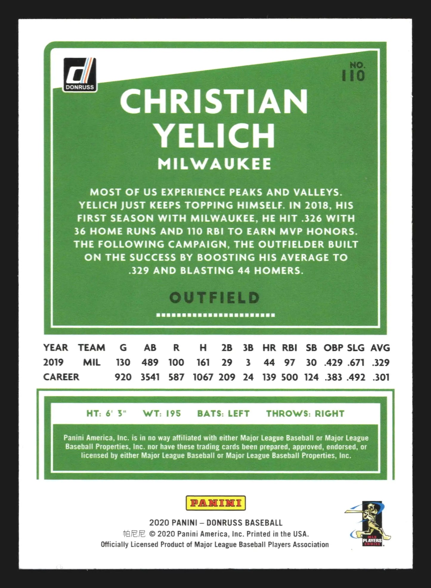 2020 Donruss #110 Christian Yelich Milwaukee Brewers - Baseball Card Single