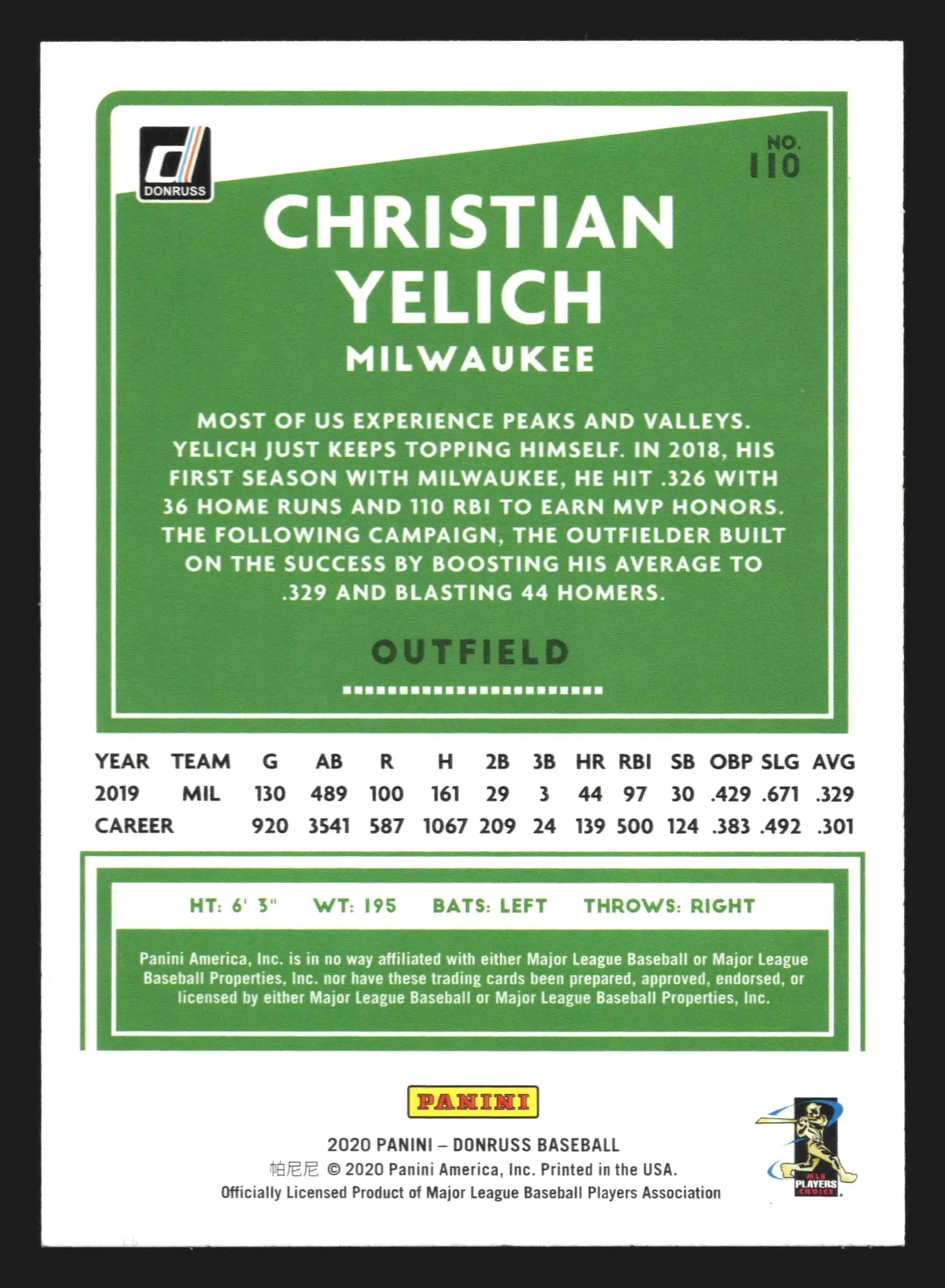 2020 Donruss #110 Christian Yelich Milwaukee Brewers - Baseball Card Single
