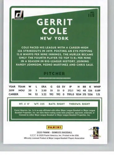 Original gloss Gerrit Cole baseball card 2020 Donruss NM-MT Yankees