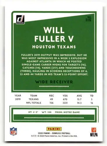 2020 Donruss #115 Will Fuller V Houston Texans Football Cards NM Nea ID:55775 - Football Card Single