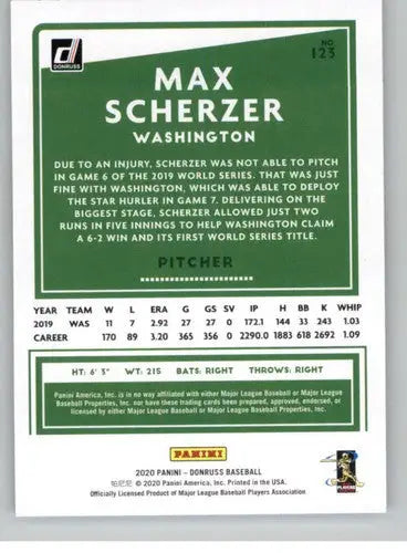 2020 Donruss #123 Max Scherzer NM-MT Nationals - Baseball Card Single