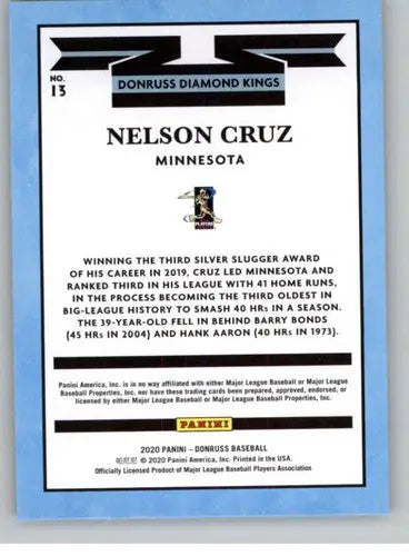 Nelson Cruz baseball card from 2020 Donruss with original gloss, Twins player collectible