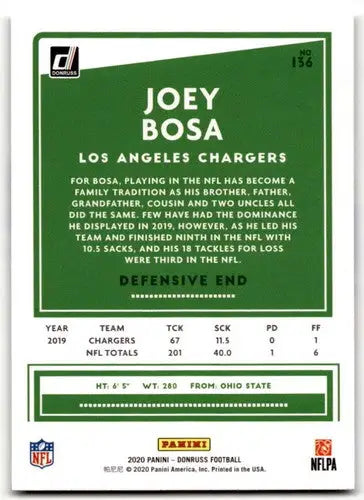 Joey Bosa football card with original gloss 2020 Donruss NM-MT LA Chargers