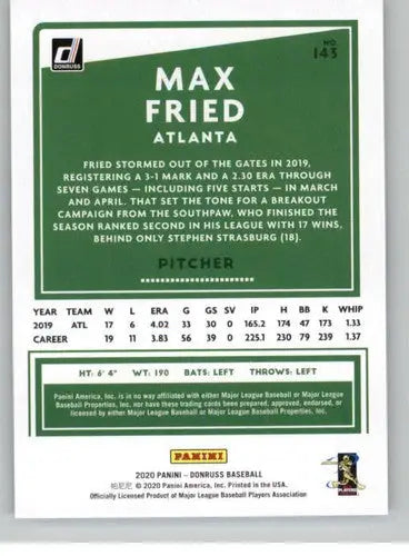 2020 Donruss Max Fried baseball card with original gloss featuring Braves player