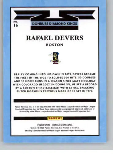 Baseball card back featuring Rafael Devers from 2020 Donruss #16 with original gloss