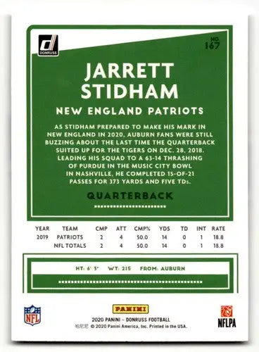 2020 Donruss #167 Jarrett Stidham New England Patriots Football Card ID:55785 - Football Card Single