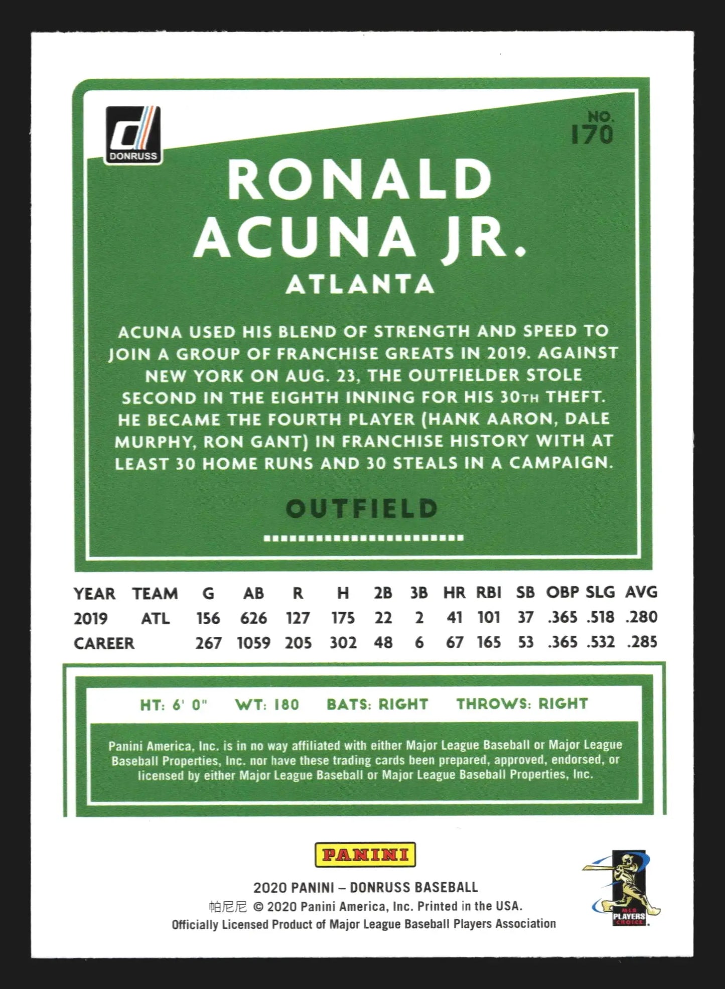 2020 Donruss #170 Ronald Acuna Jr. Holo Red Parallel Atlanta - Baseball Card Single