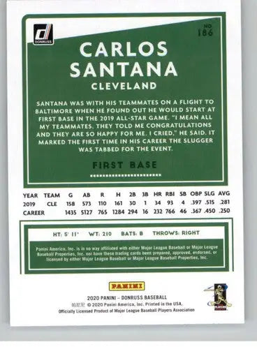 Original gloss Carlos Santana baseball card 2020 Donruss NM-MT Indians